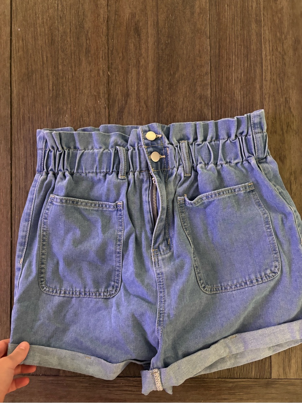 High-Waist Paperbag Denim Shorts - Light Blue